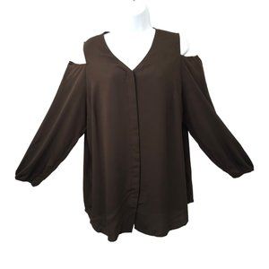 Chicos Covered Placket Button Front Shirt Women Size 2 US L/12 Brown Long Sleeve